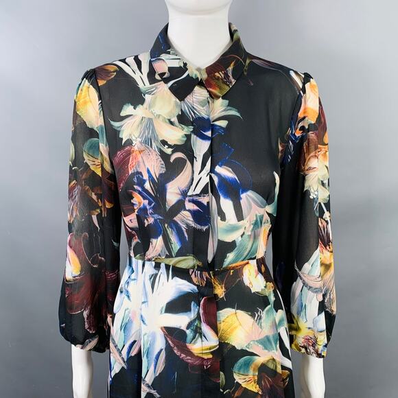 M Black Multi Color Polyester Floral 3/4 Sleeves Shirt Dress - Picture 2 of 9